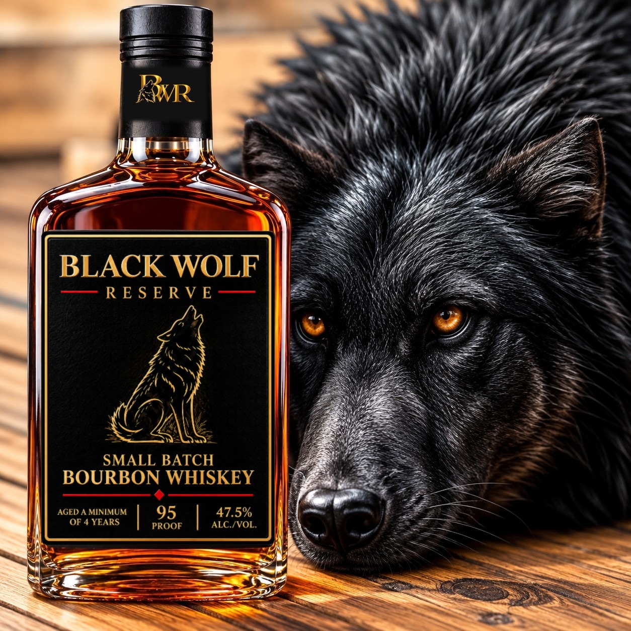 Black Wolf Reserve bourbon bottle beside a black wolf